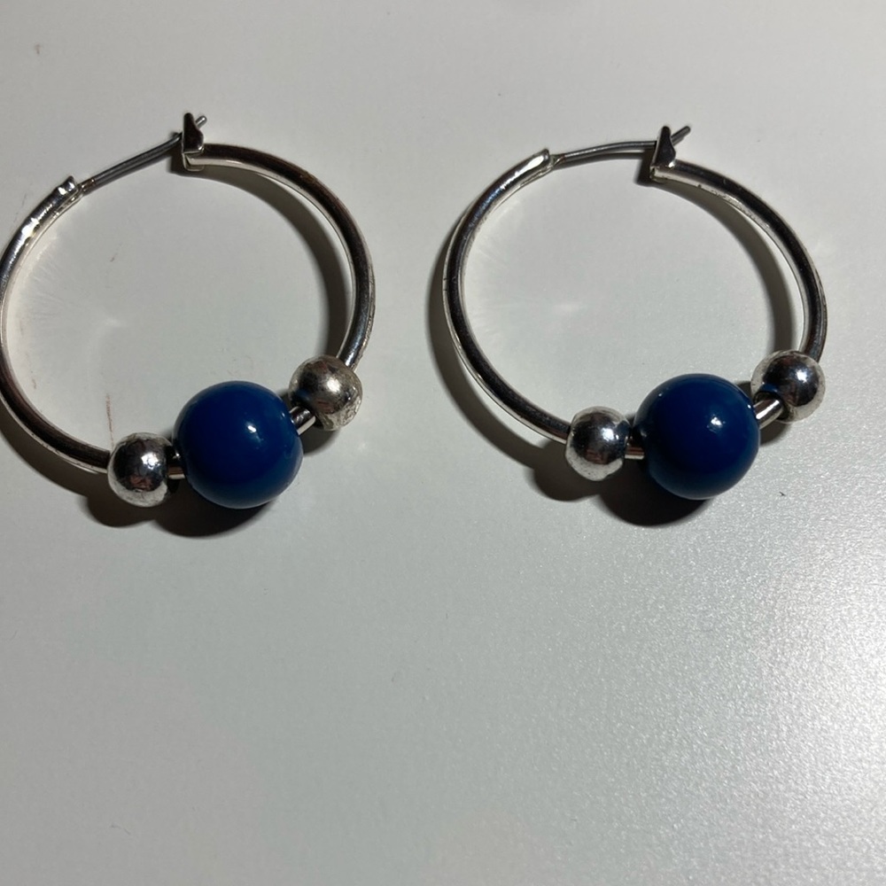 Silver and Blue Hoop Earrings, beaded hoops